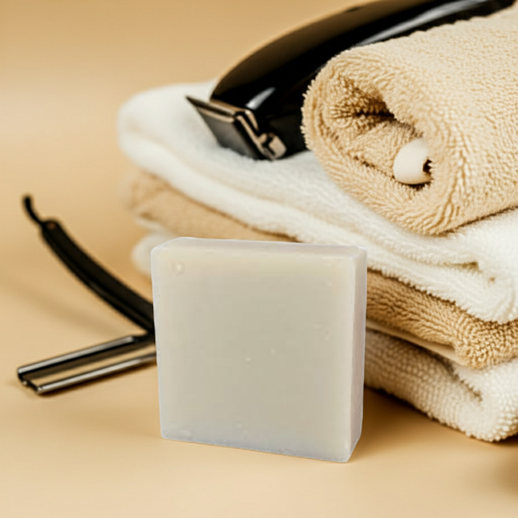Unc’s Barbershop Blend soap bar styled with folded towels and a straight razor for an old-school barbershop feel