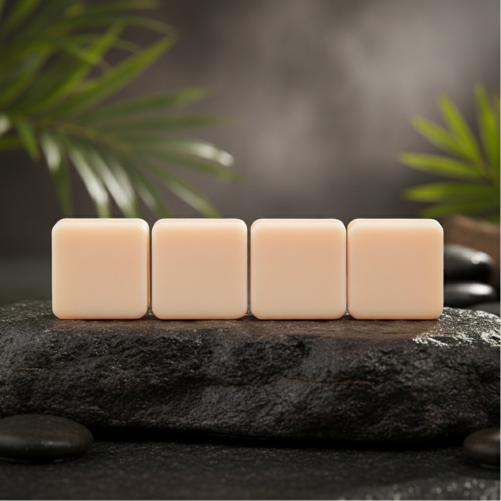 Four Nag Champa Shower Steamers displayed on a dark stone ledge with greenery and soft steam.