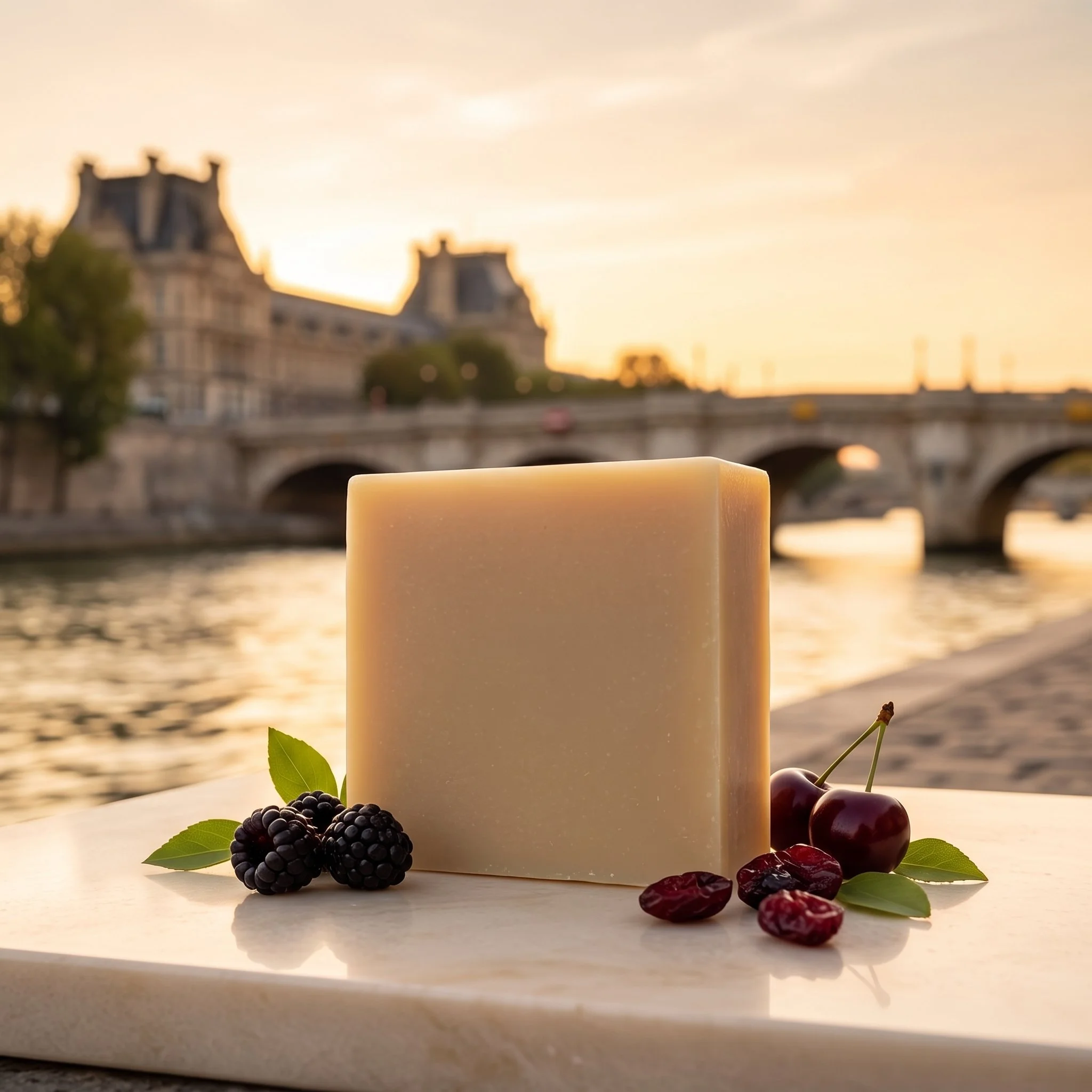 Room to Breathe Soap Bar on a marble surface with cherries, blackberries, cranberries, and a Paris river view in the background.