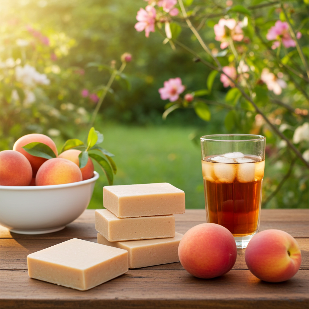 Georgia Girl Glow handmade soap bars with peaches and sweet tea on a sunlit porch table with garden flowers in the background
