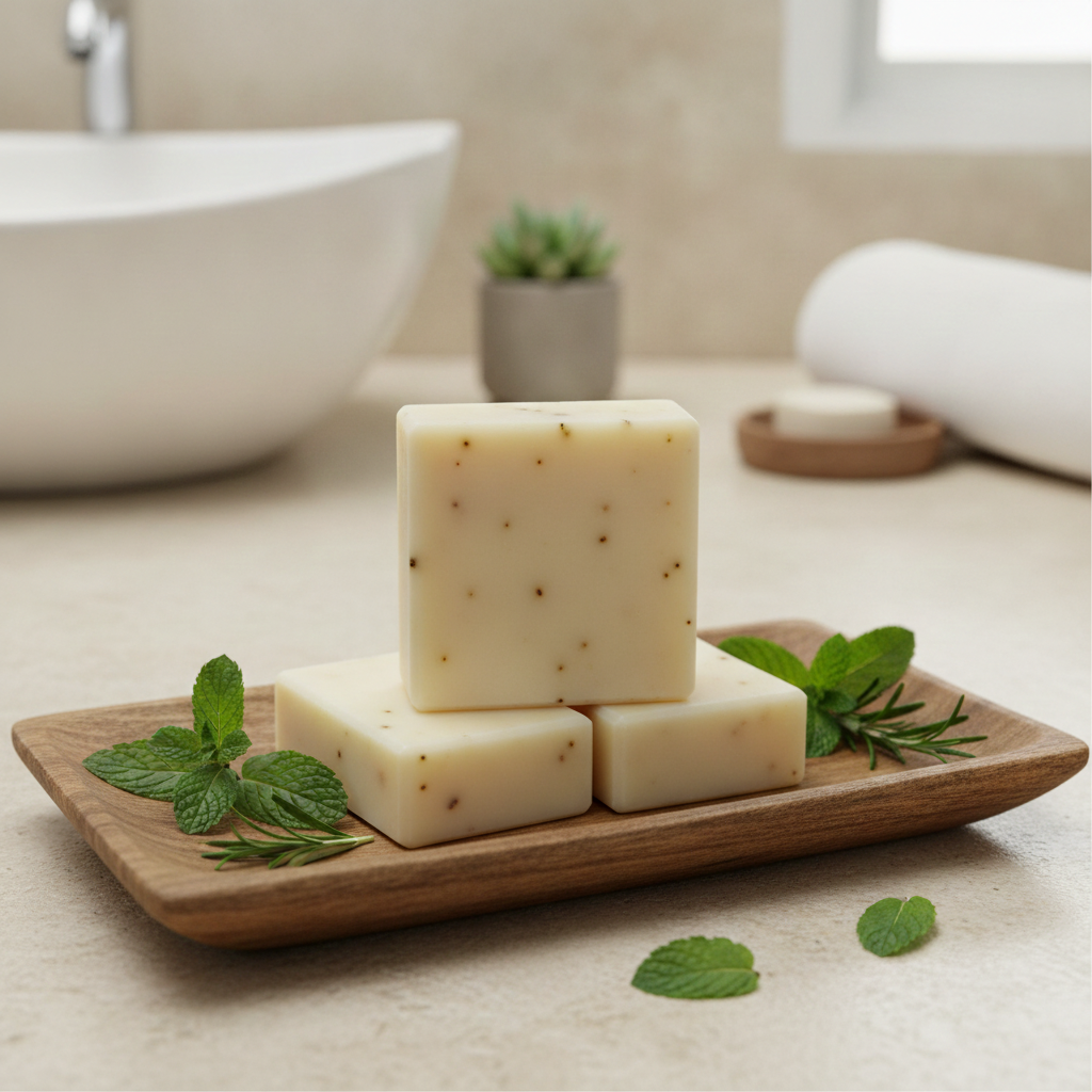 Spearmint Rosemary Soap Bars on a wooden tray with mint leaves and rosemary in a bright bathroom setting.