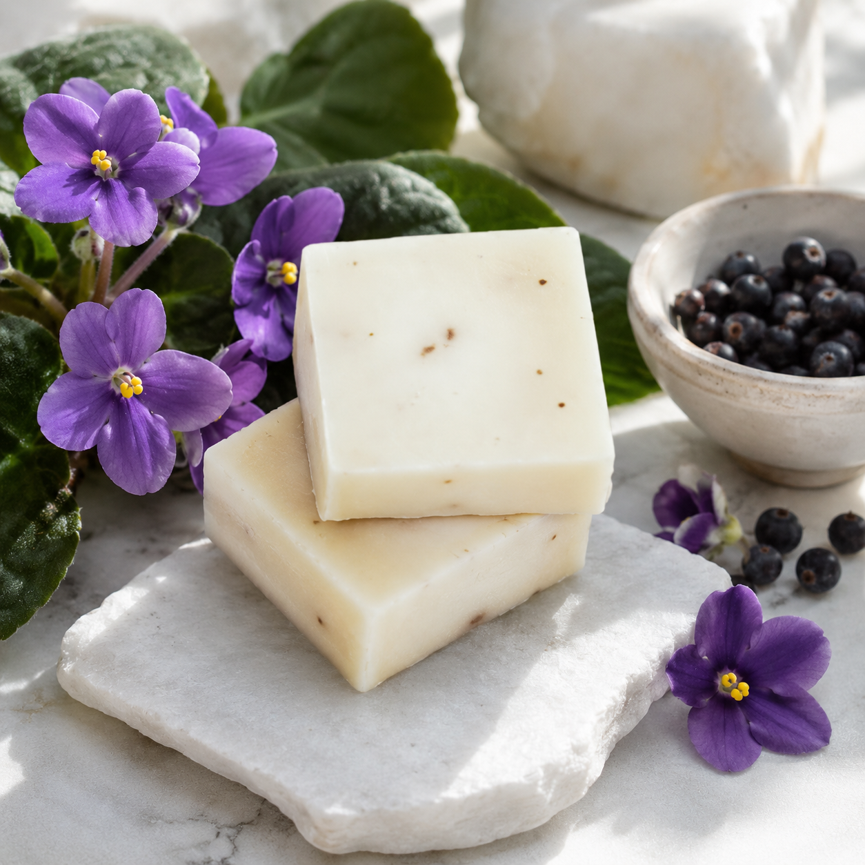 African Violet Soap Bars stacked on a white stone surface with purple violet flowers and juniper berries.