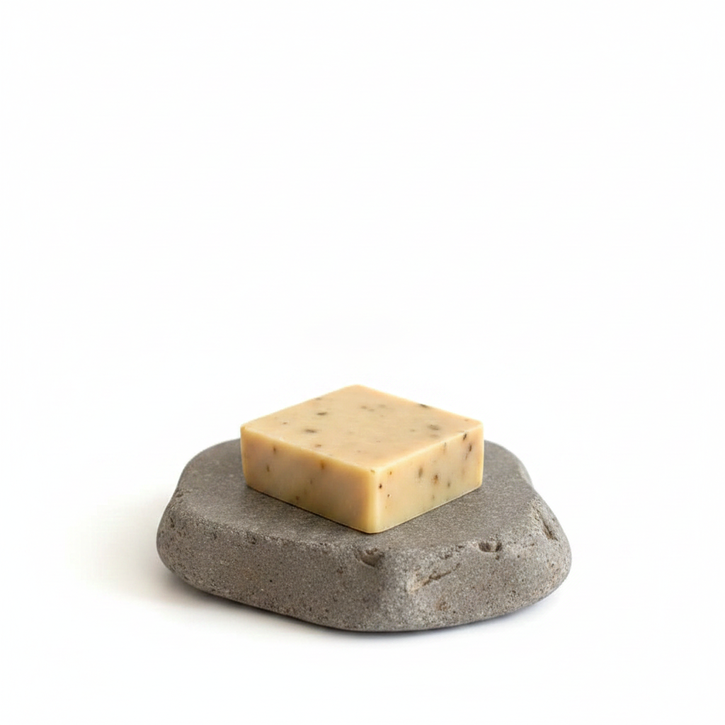Cherry Almond Soap Bar resting on a gray stone against a white background.