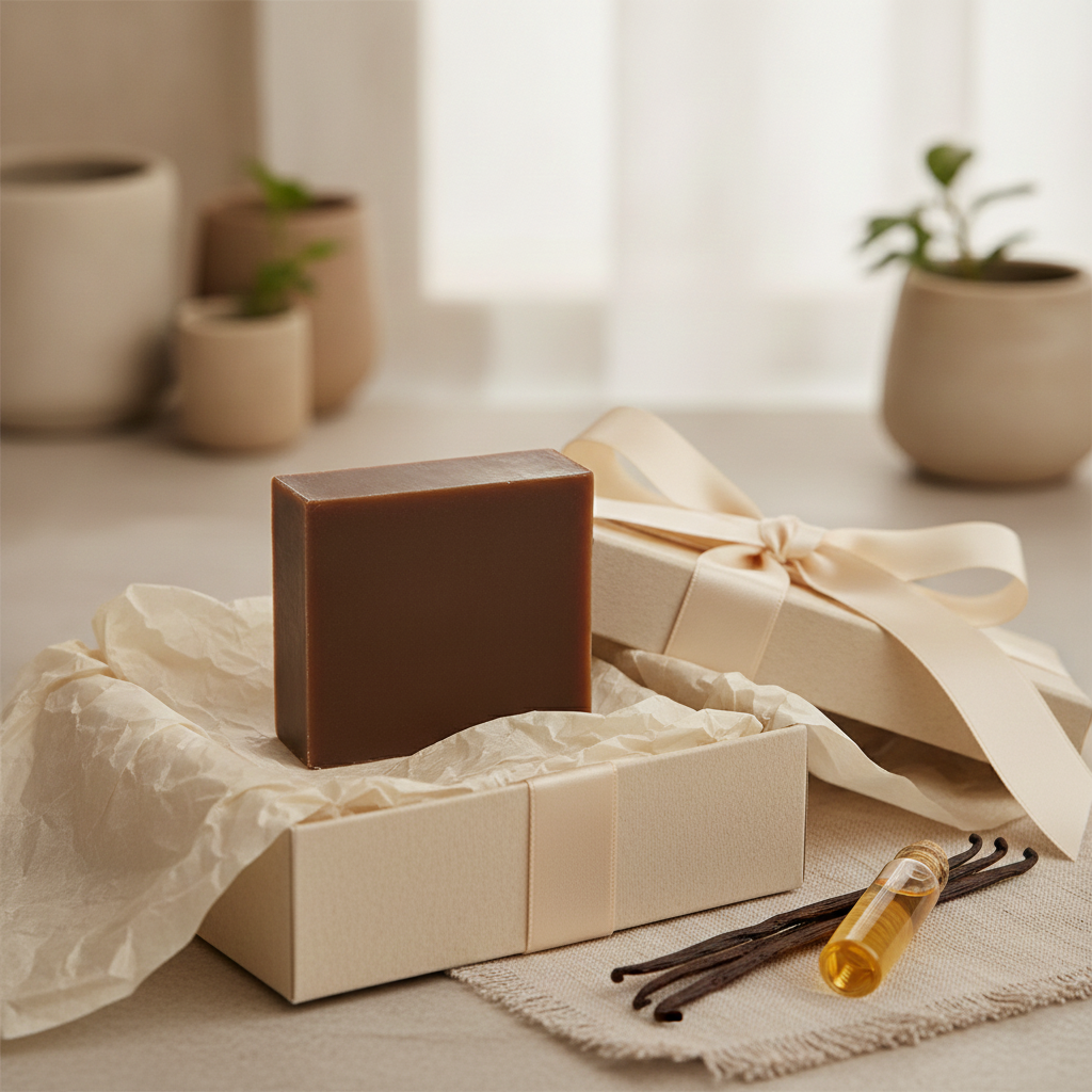 Moroccan Vanilla Goat’s Milk Soap Bar in a gift box with vanilla beans and a small bottle of oil.