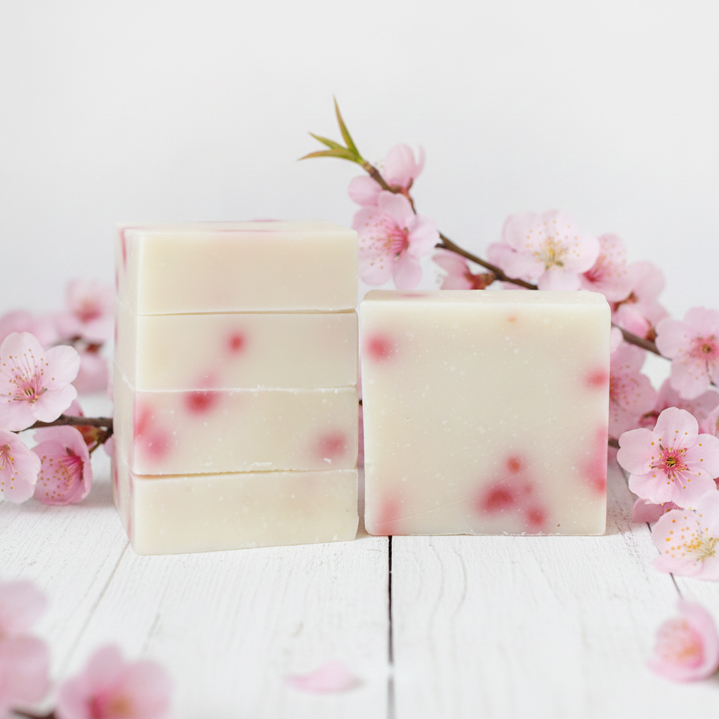 Asian Tea Blossom Soap Bars on a white wooden surface with pink blossom flowers.