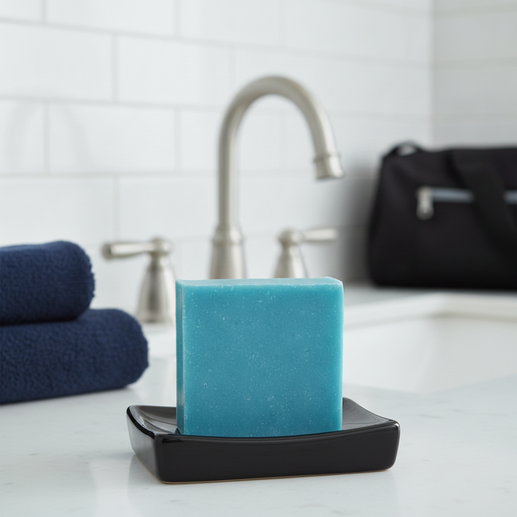 Cool Spring Scrub Soap Bar in a black soap dish beside a gym bag, towel, and sink.