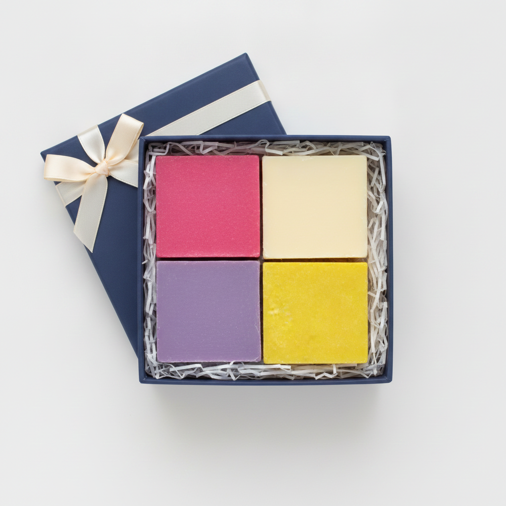 A blue gift box with a cream-colored ribbon, open to reveal four colorful soap bars in pink, yellow, purple, and white, arranged in a 2x2 grid on white shredded paper.