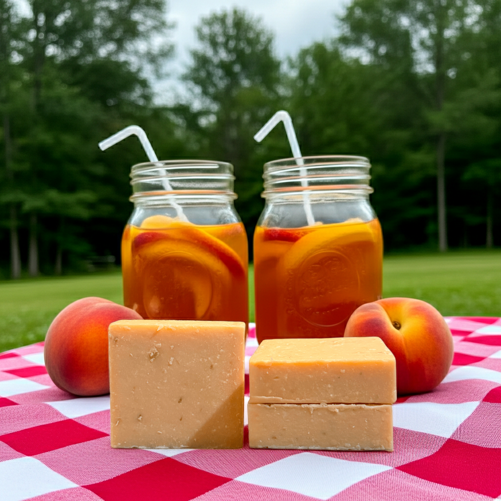Georgia Girl Glow soap bars styled on a picnic tablecloth with sweet tea and peaches in a cheerful summer setting