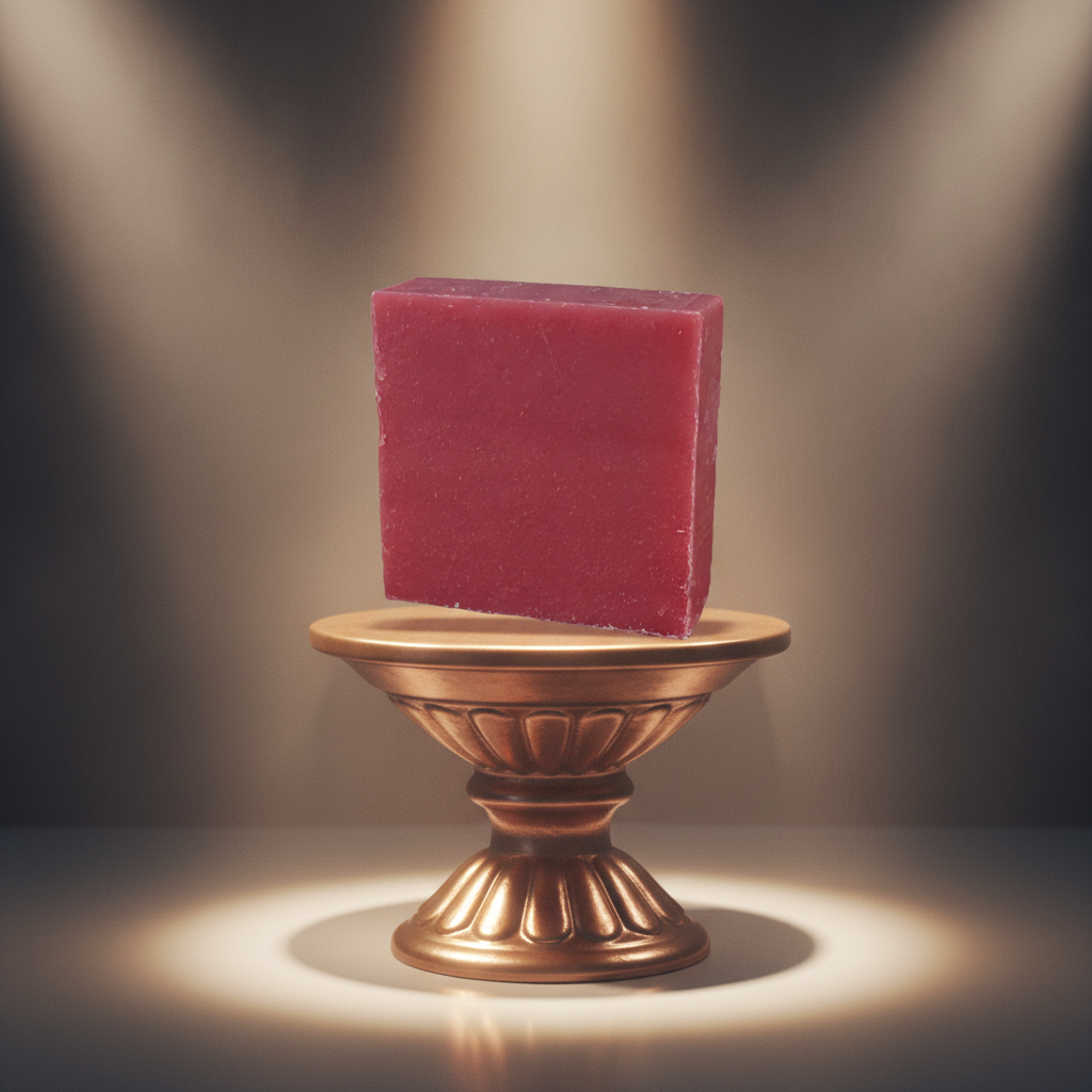 Baby Powder Soap Bar displayed on a bronze pedestal with dramatic soft lighting.