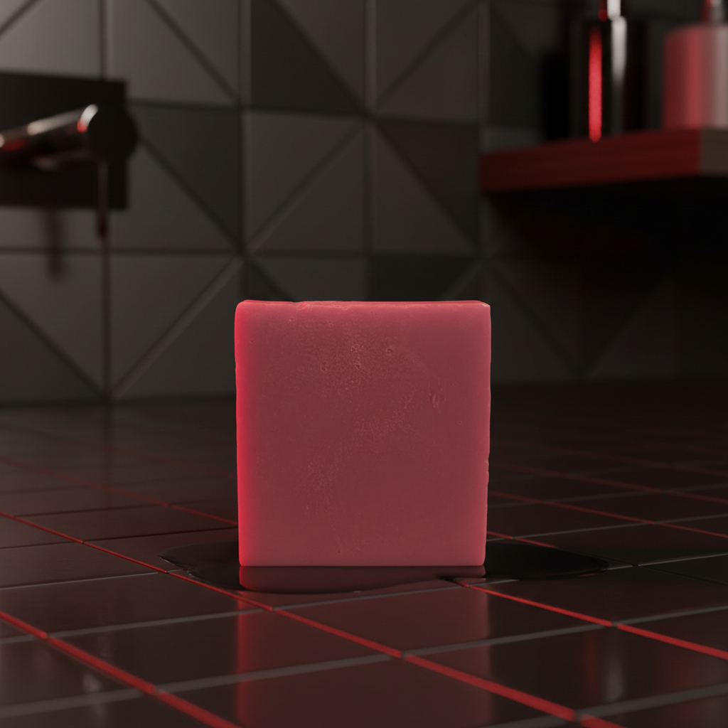 Midnight Cherry handmade soap bar in a dark modern bathroom setting with soft red accent lighting