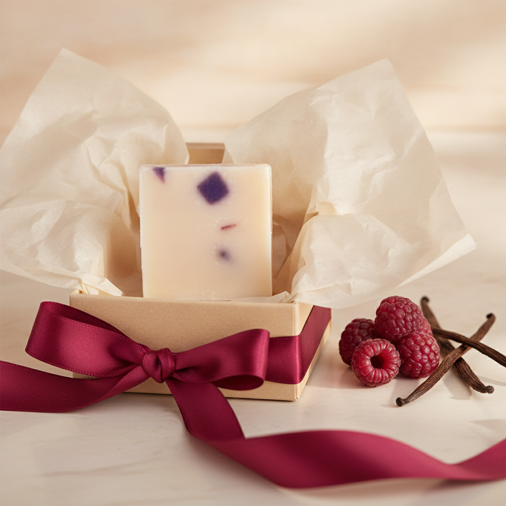 Black Raspberry Vanilla Soap Bar in a gift box with raspberries, vanilla beans, and burgundy ribbon.