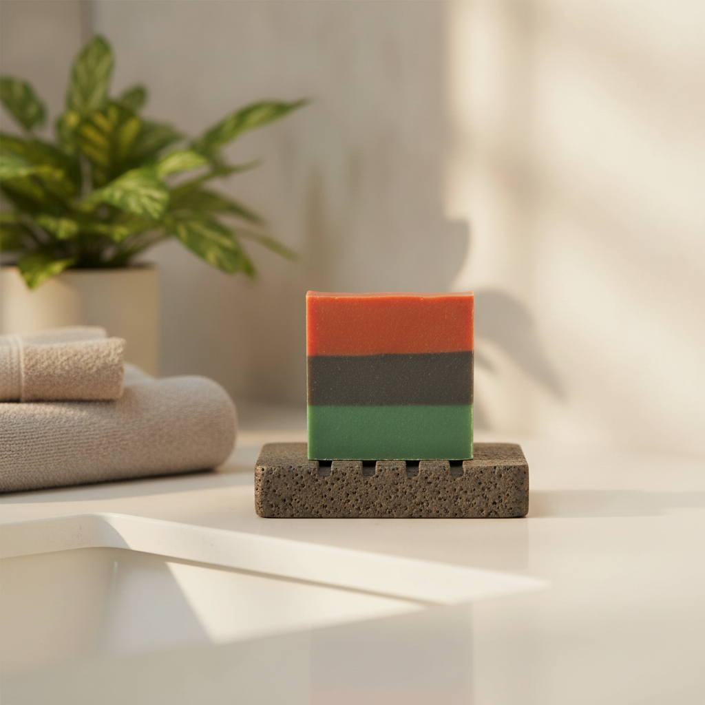 Liberation Lather soap resting on a draining soap dish beside towels and a green plant