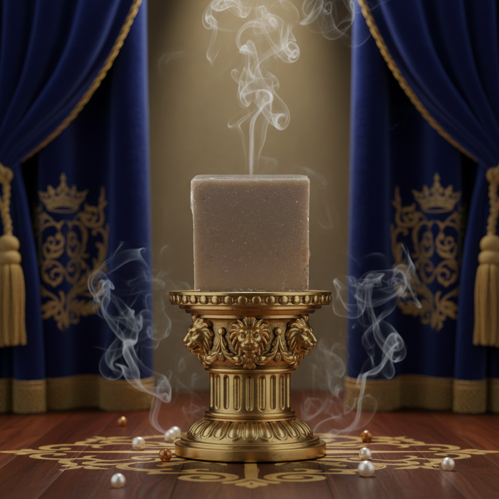 Queen of the Nile handmade soap bar on an ornate gold pedestal with soft incense smoke and royal blue drapery