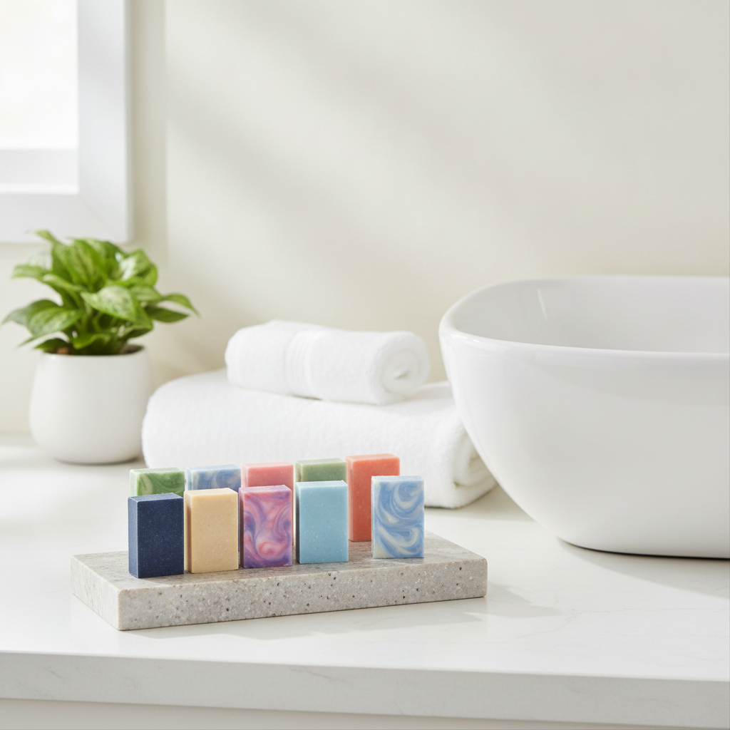 Assorted handmade mini soaps standing on a stone tray beside towels and a bathroom sink