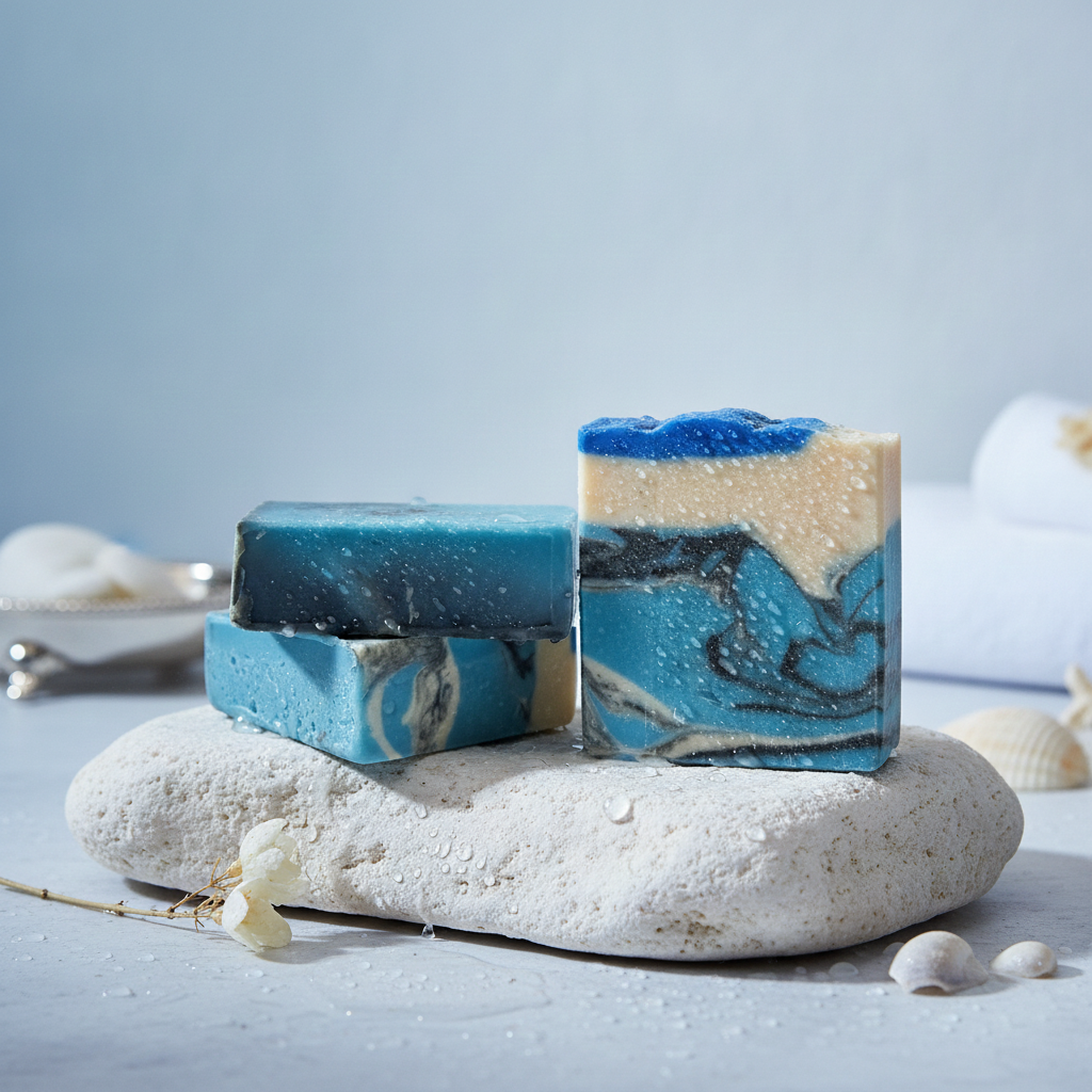 Two Lowcountry Blue soap bars styled on pale stones with shells and a soft coastal-inspired backdrop