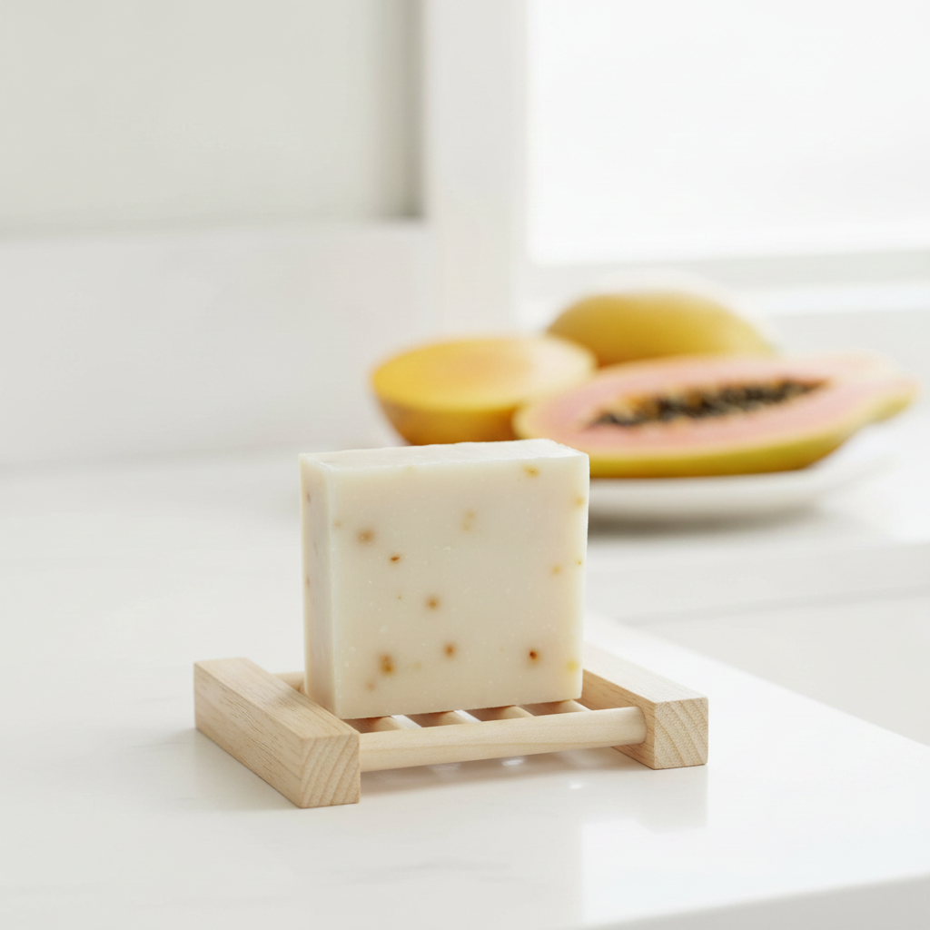Mango Papaya Soap Bar on a wooden soap dish beside fresh papaya in a bright bathroom setting.