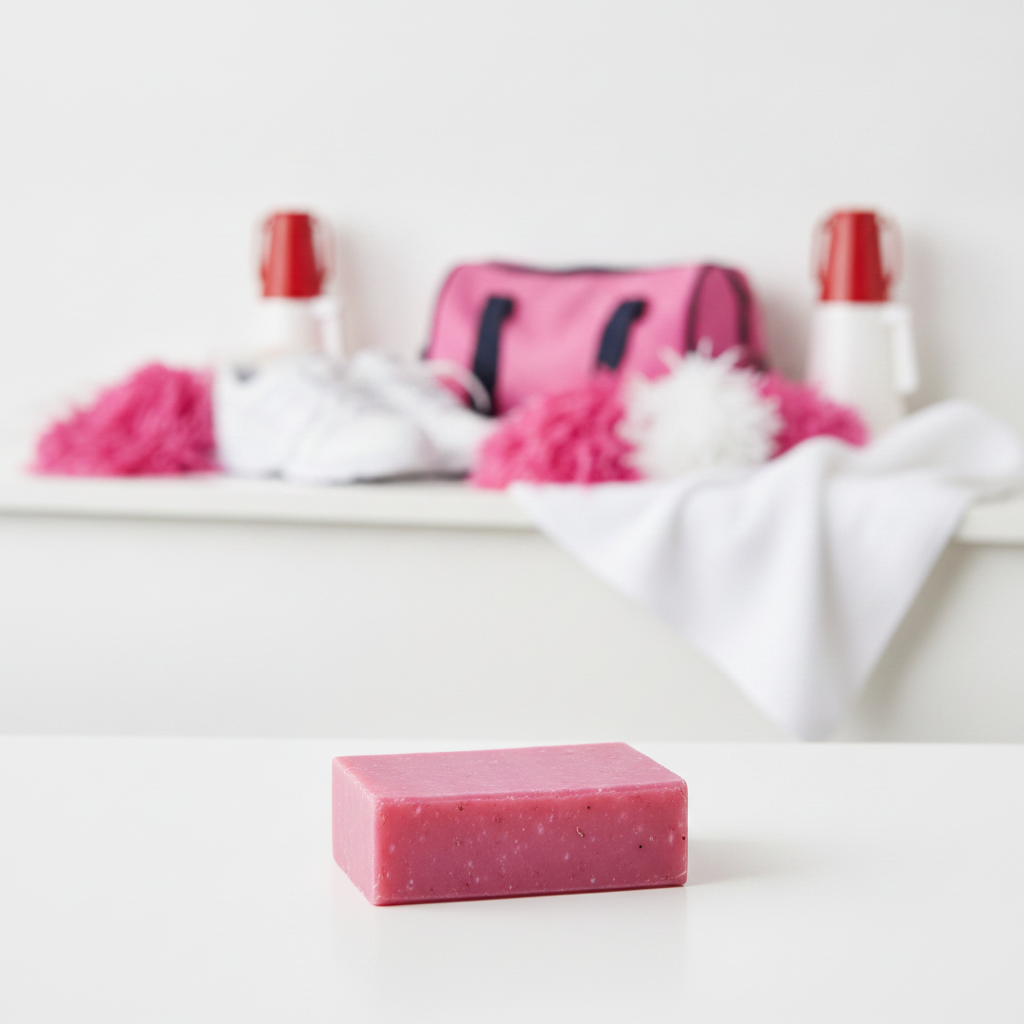 Spring Breeze Scrub Soap Bar displayed near cheer pom-poms, water bottles, a sports bag, and a towel.