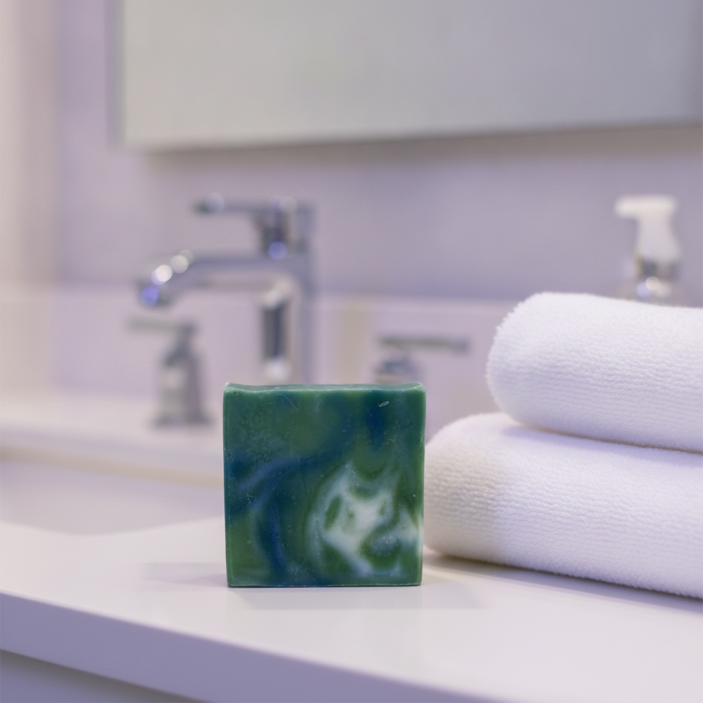 Lavender Mint Soap Bar on a bathroom counter beside folded white towels and sink fixtures.