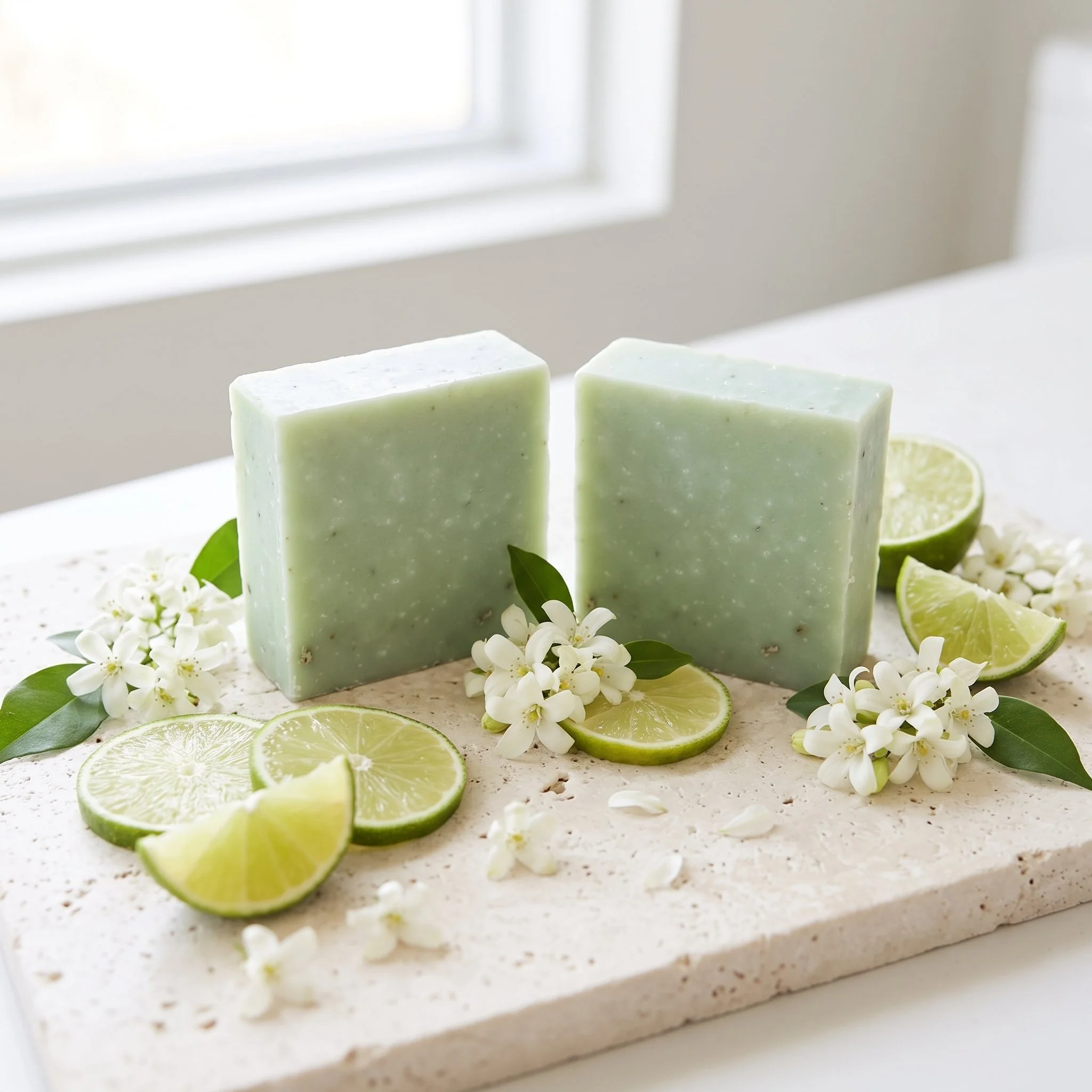 Jasmine Lime Scrub Soap Bars on a light stone tray with lime slices, jasmine flowers, and sea salt.