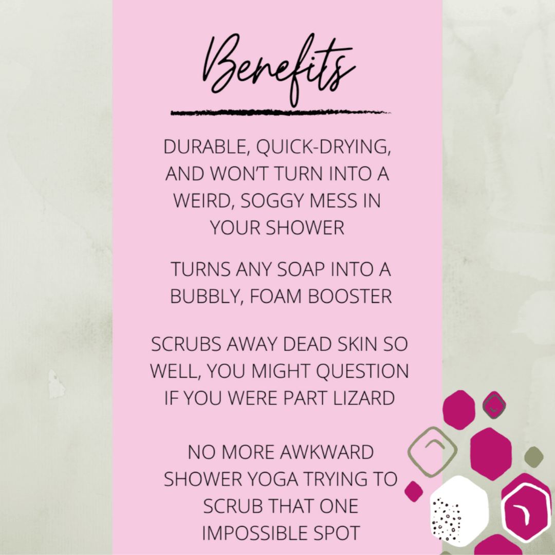 Graphic listing benefits of a long body scrubber, including quick drying, foam boosting, deep exfoliation, and easy back scrubbing.