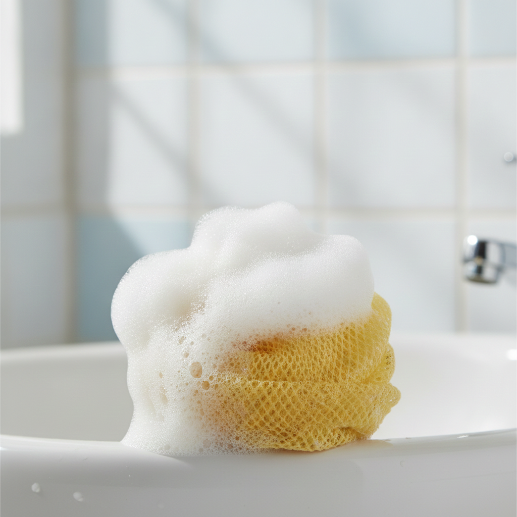 Yellow Sapo Sponge covered in thick, fluffy soap lather beside a bathroom sink