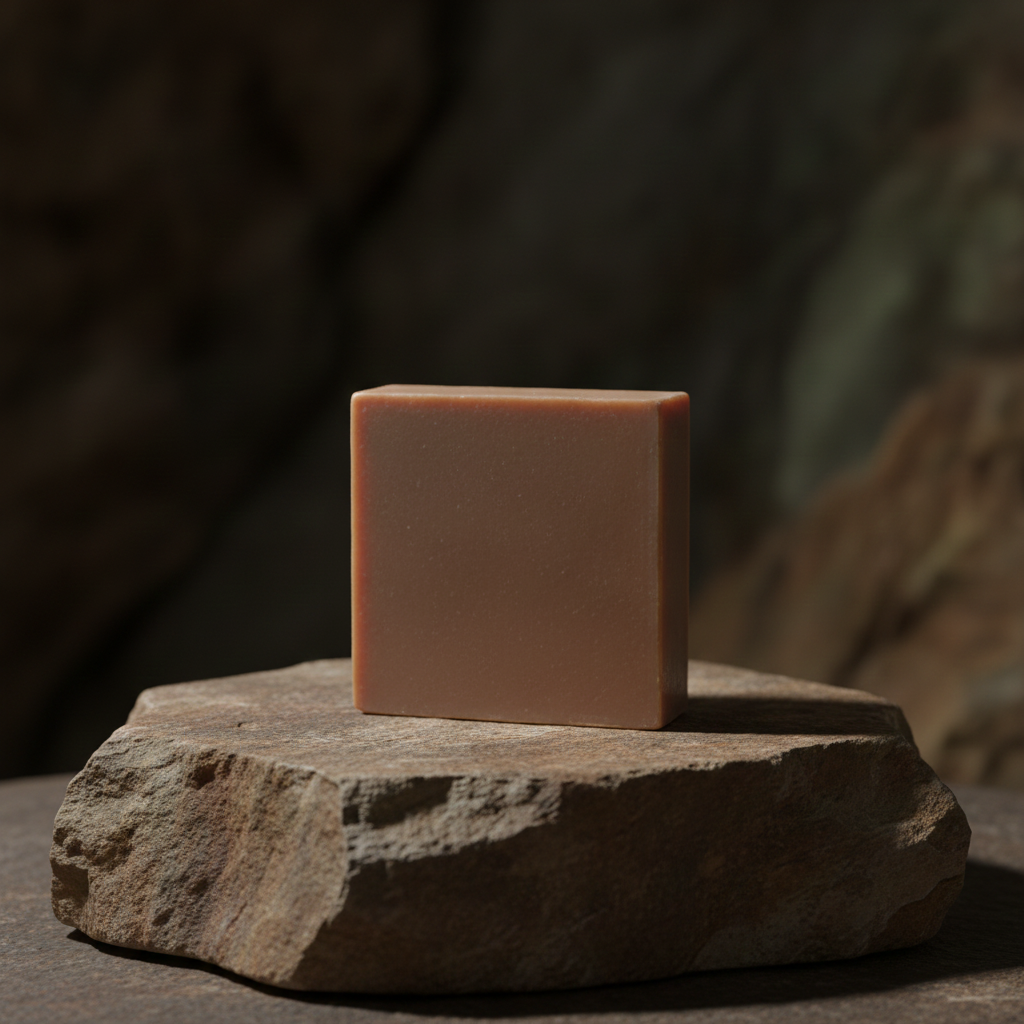 Nag Champa Mud Soap Bar displayed on a natural rock surface with a dark earthy background.