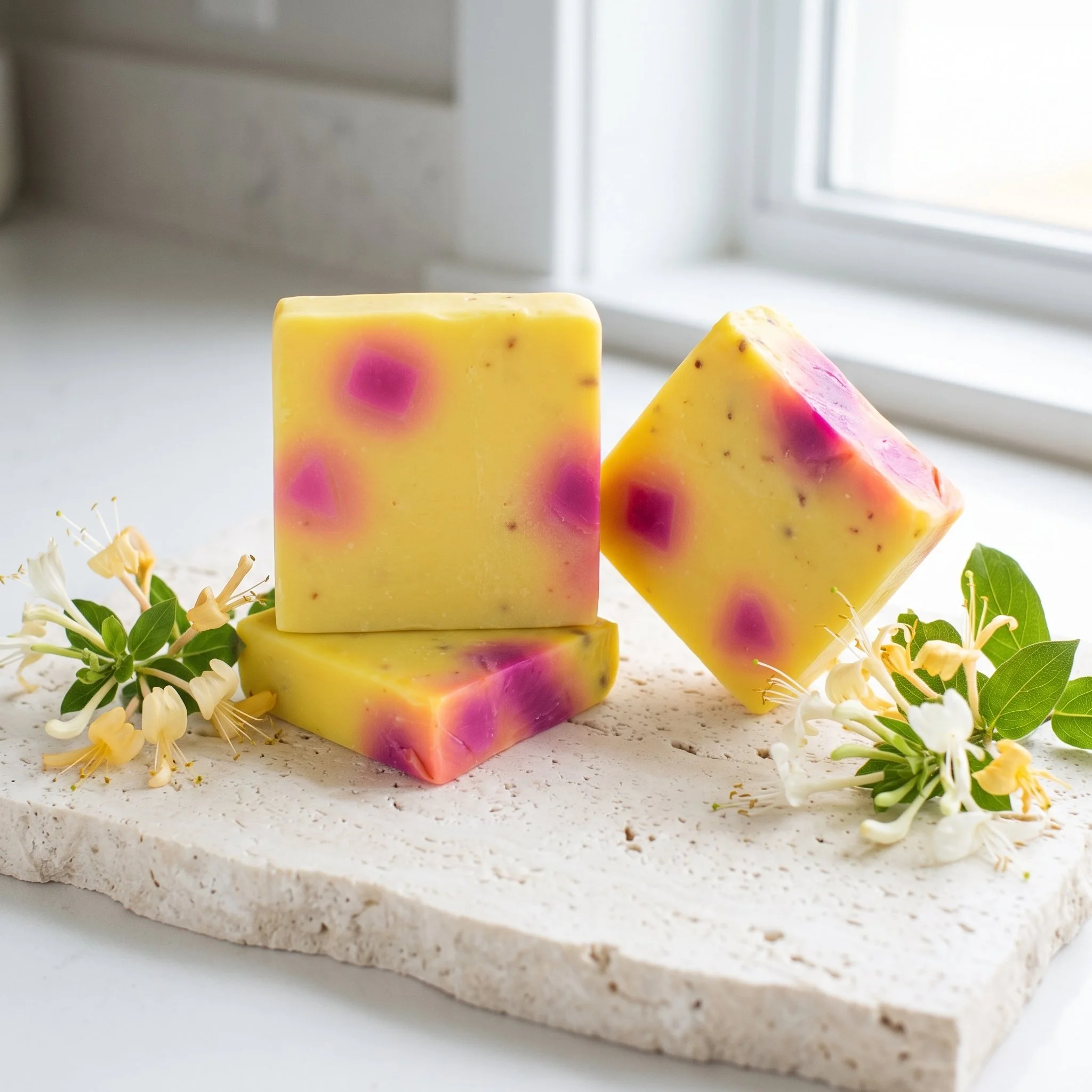 Honeysuckle Soap Bars stacked on a stone tray with honeysuckle flowers near a bright window.