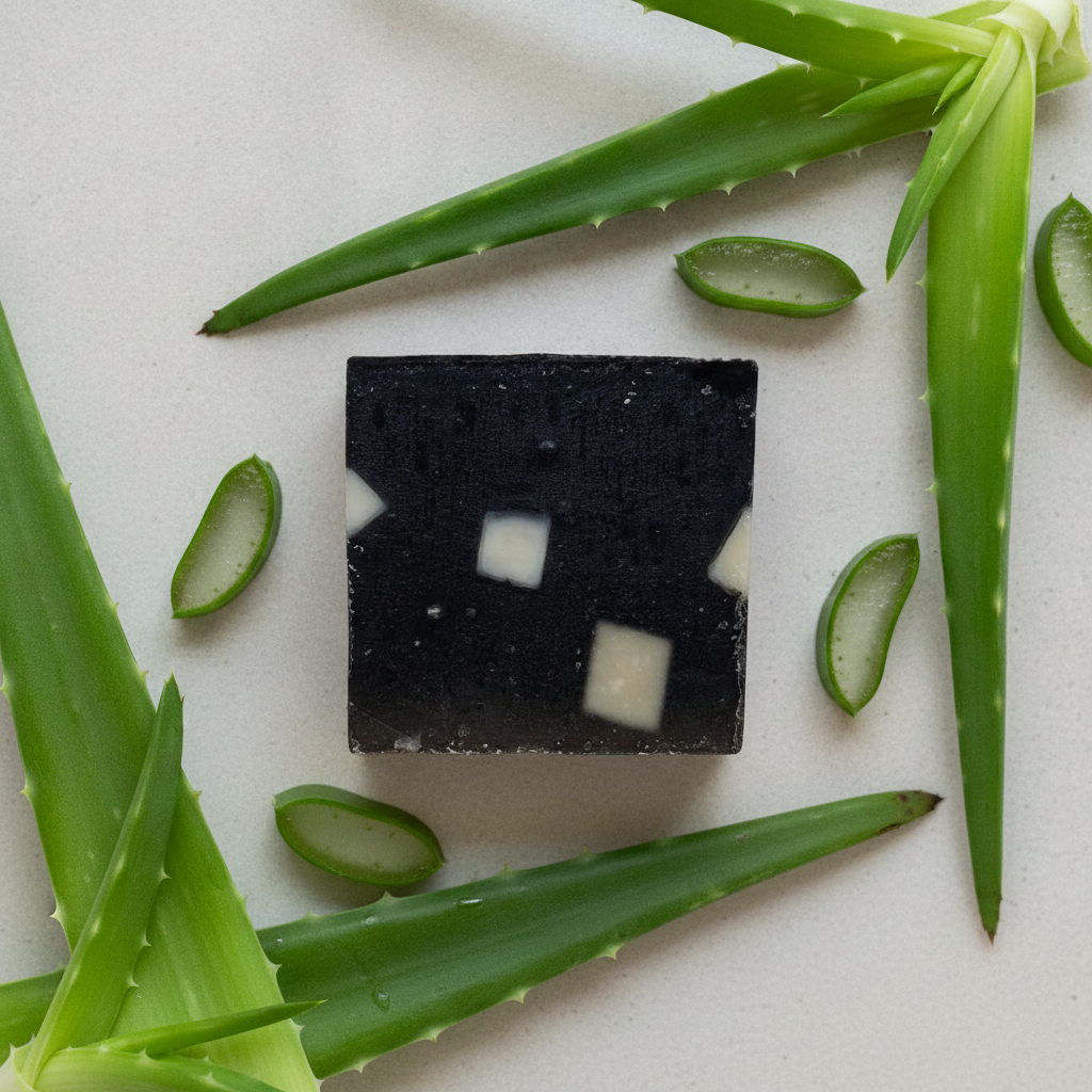 Charcoal Aloe Soap Bar surrounded by aloe leaves and aloe slices on a light surface.