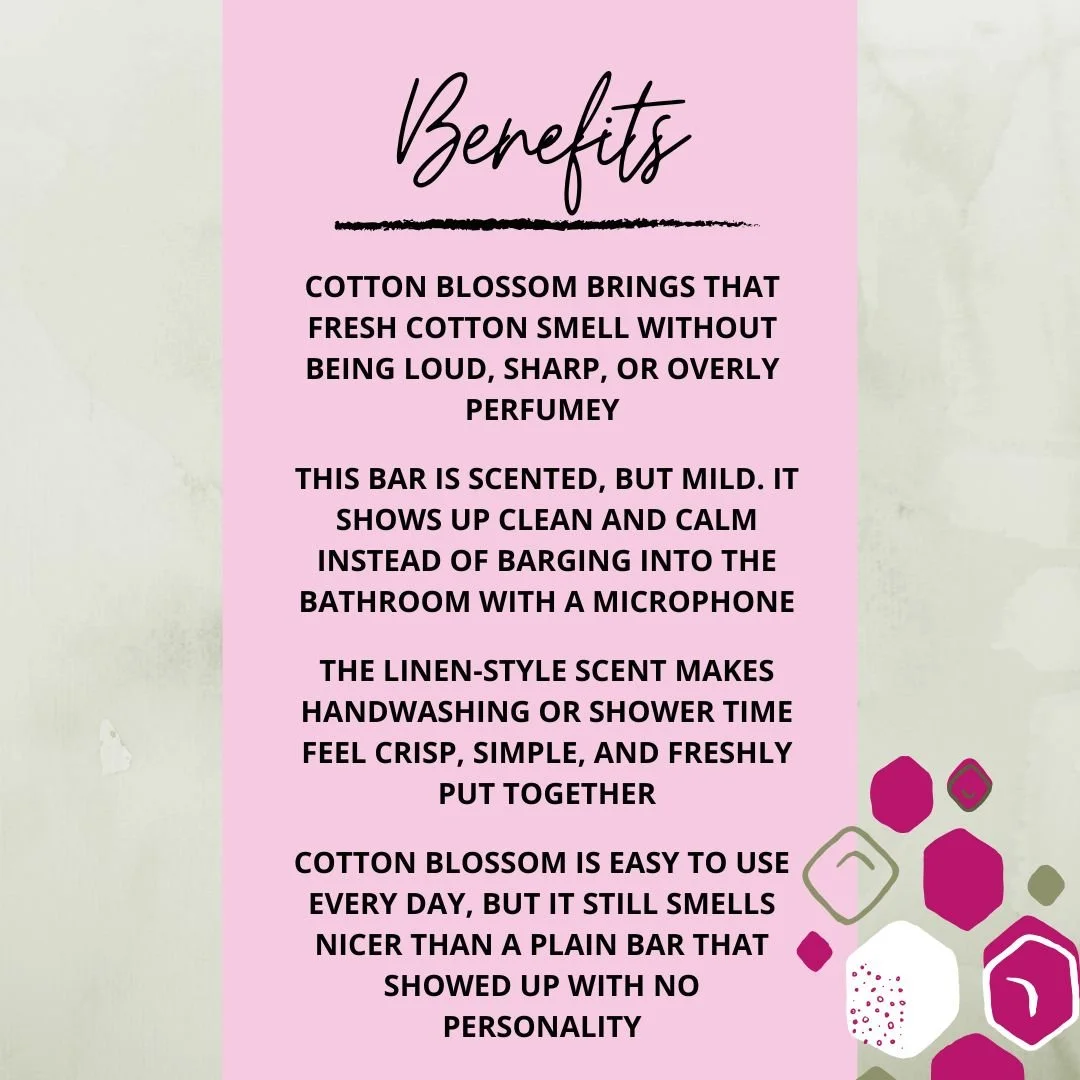 Benefits graphic for Cotton Blossom Soap Bar highlighting its fresh cotton scent, mild fragrance, clean linen feel, and everyday use.