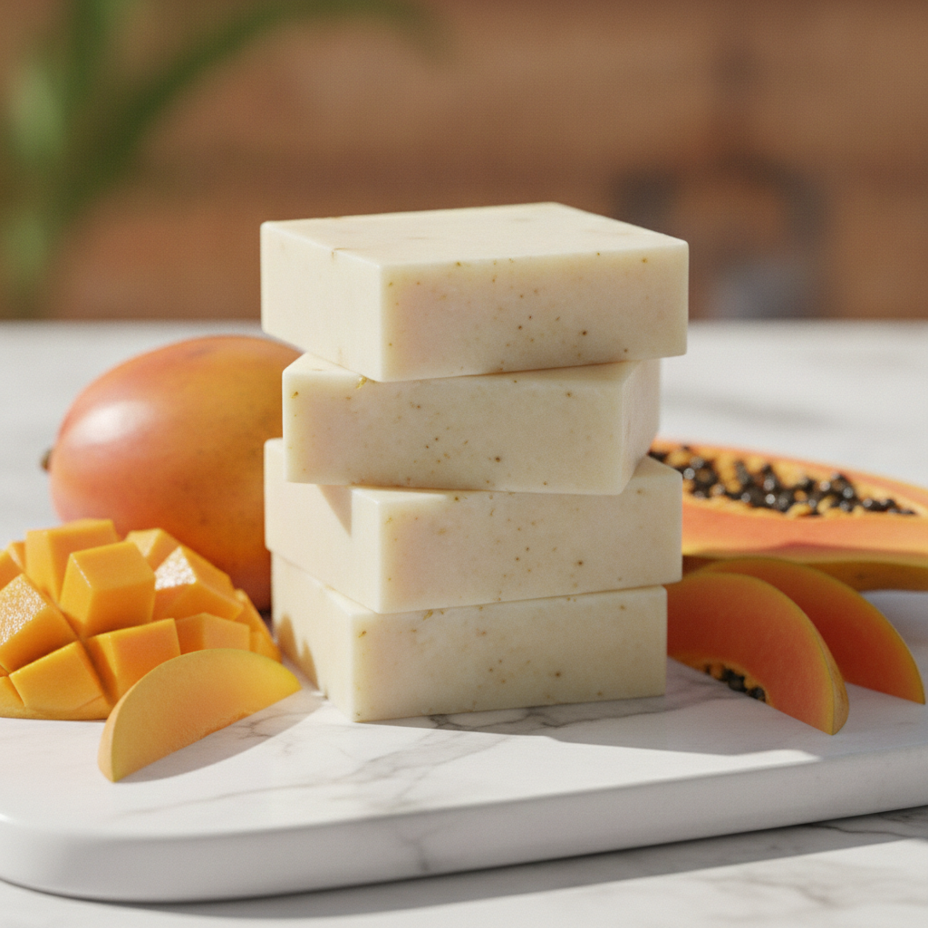 Stacked Mango Papaya Soap Bars with mango slices, mango cubes, and papaya on a marble surface.