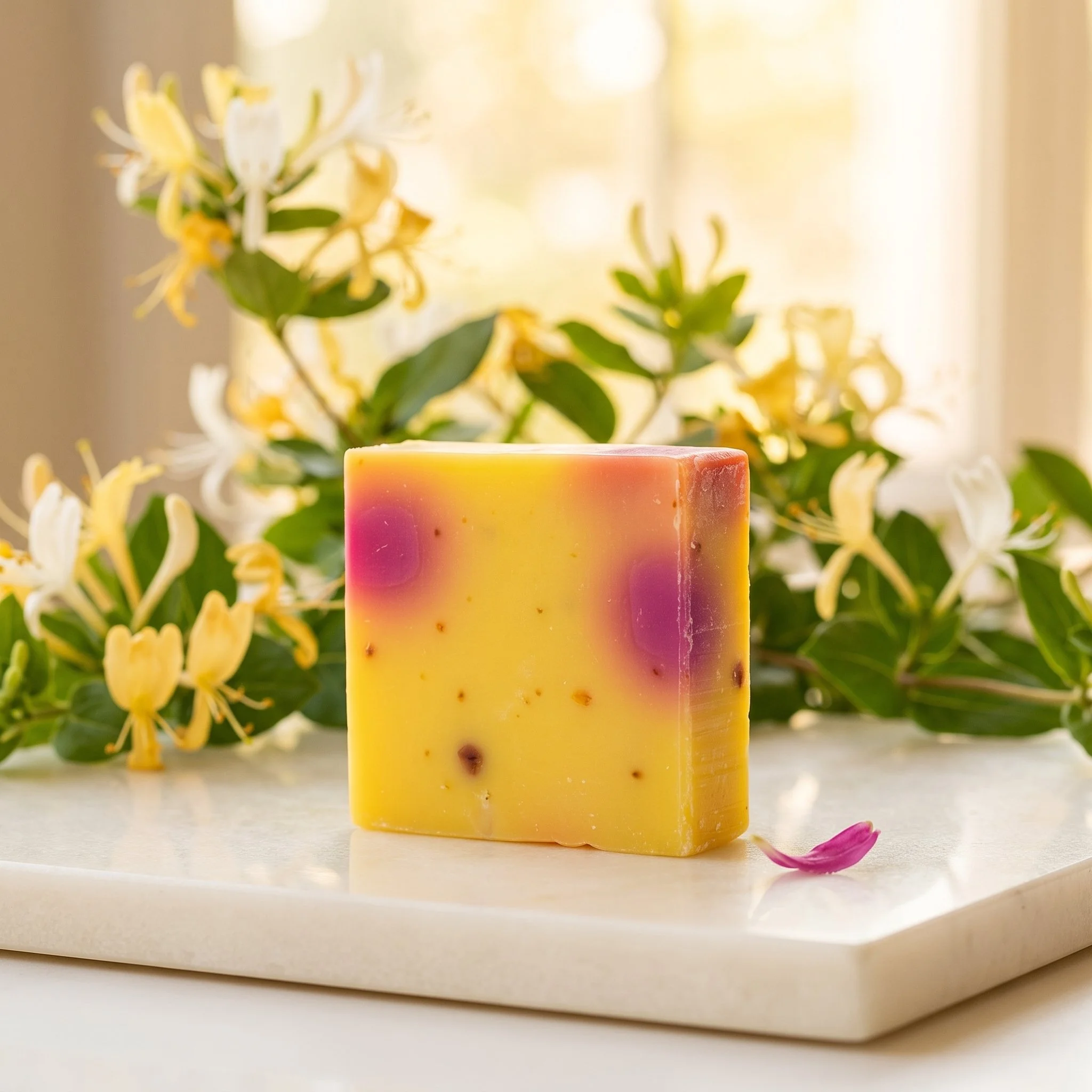 Honeysuckle Soap Bar displayed on a marble surface with honeysuckle flowers and soft golden lighting.