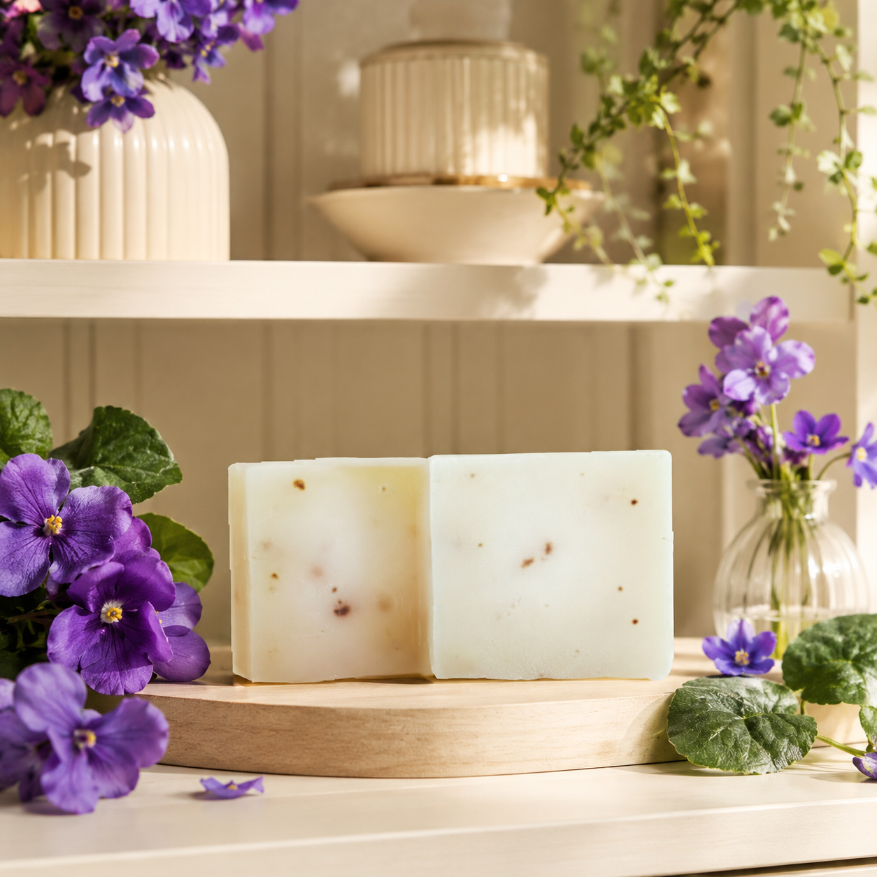 African Violet Soap Bars on a wooden tray with violet flowers in a bright bathroom setting.