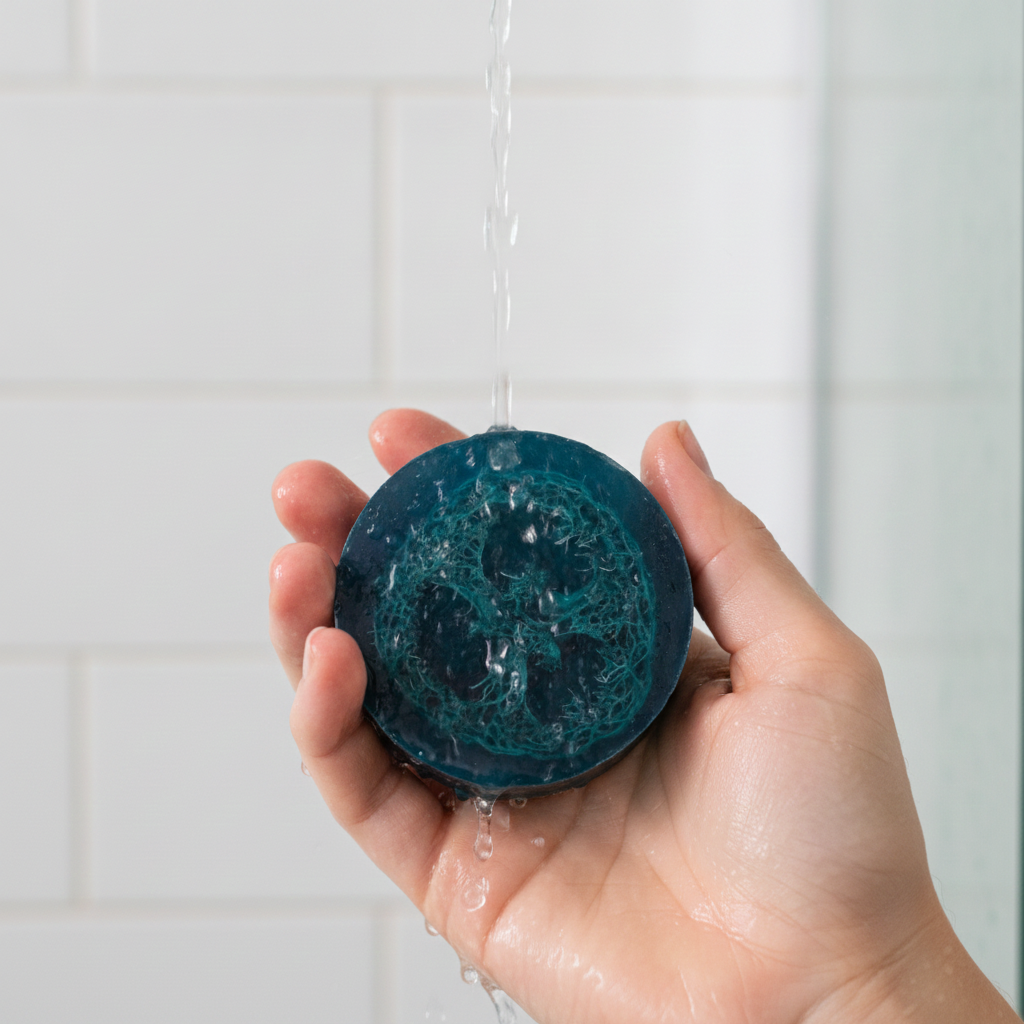Blue Loofah Soap Bar held under running water in a shower.