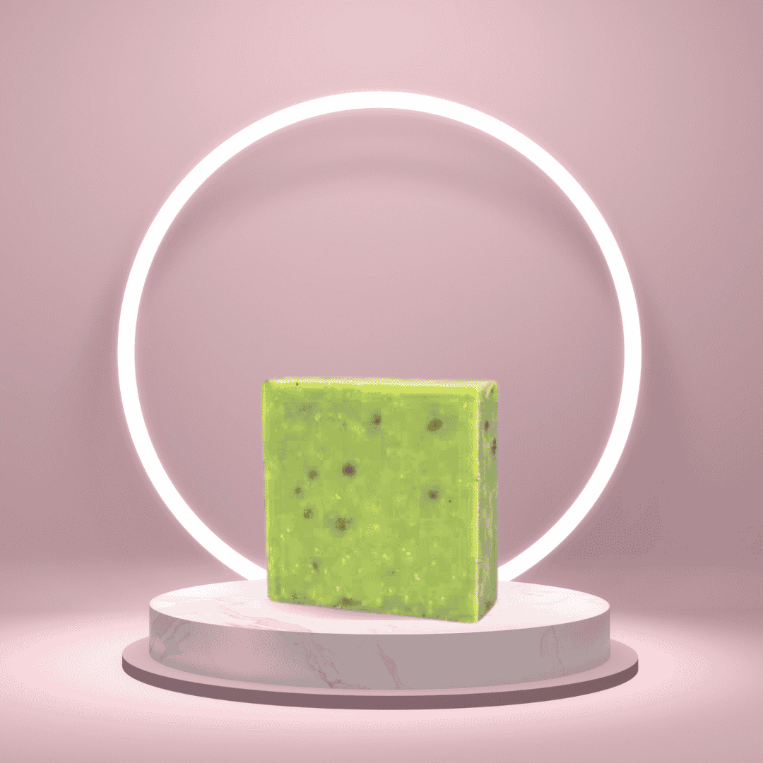 Hot Hammam handmade soap bar on a pedestal with a glowing pink ring backdrop