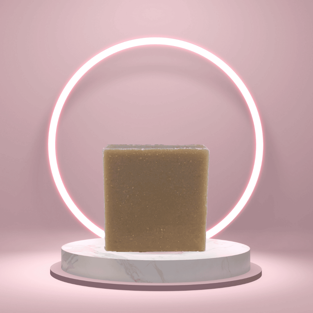 Jazz Night in Harlem handmade soap bar on a pedestal with a glowing pink ring backdrop