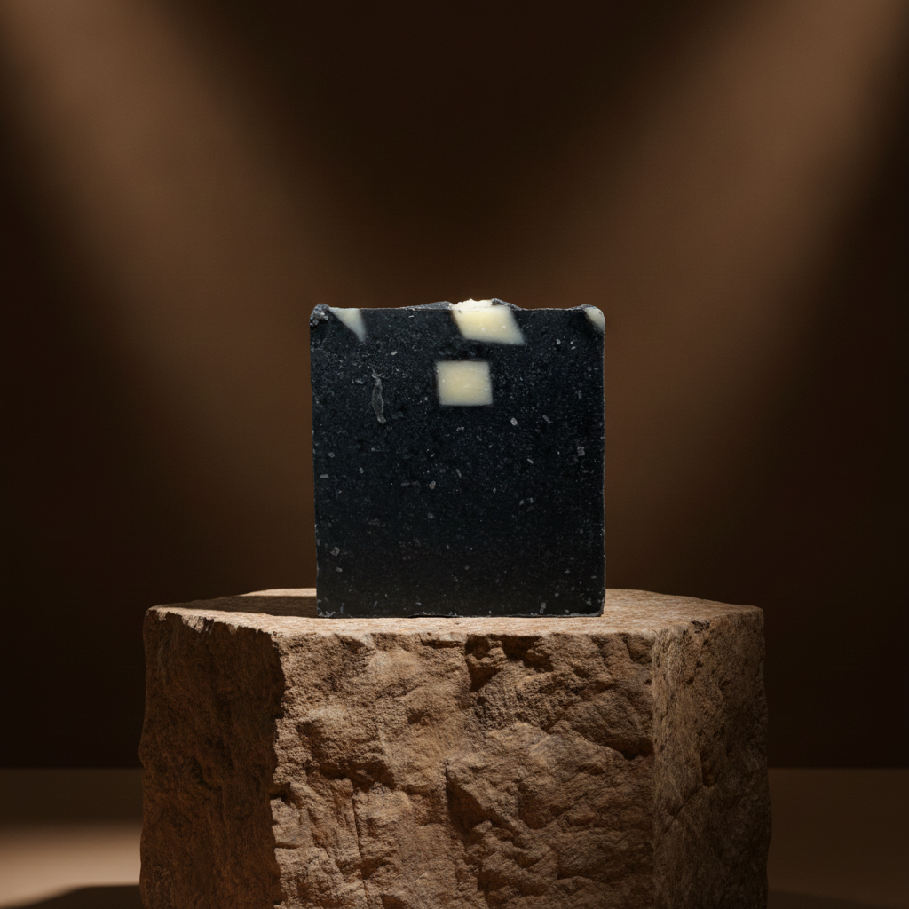 Charcoal Aloe Soap Bar displayed on a rustic stone pedestal against a warm dark background.