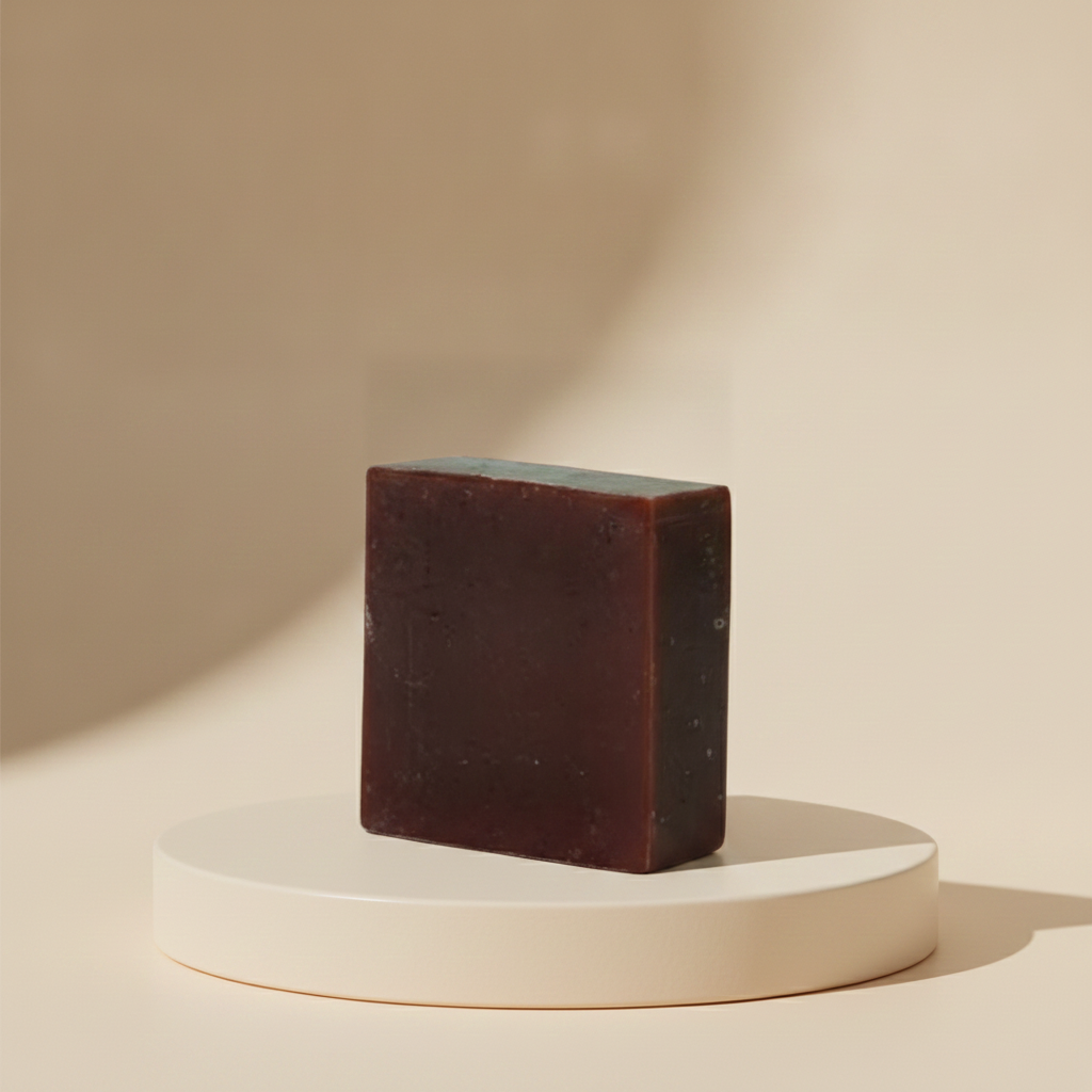 Moroccan Vanilla Goat’s Milk Soap Bar on a white pedestal with a warm neutral background.