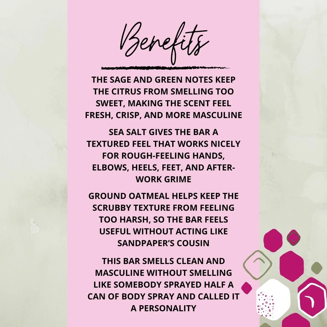 Benefits graphic for Island Citrus for Men Scrub Soap highlighting its citrus sage scent, sea salt texture, ground oatmeal, and fresh masculine feel.