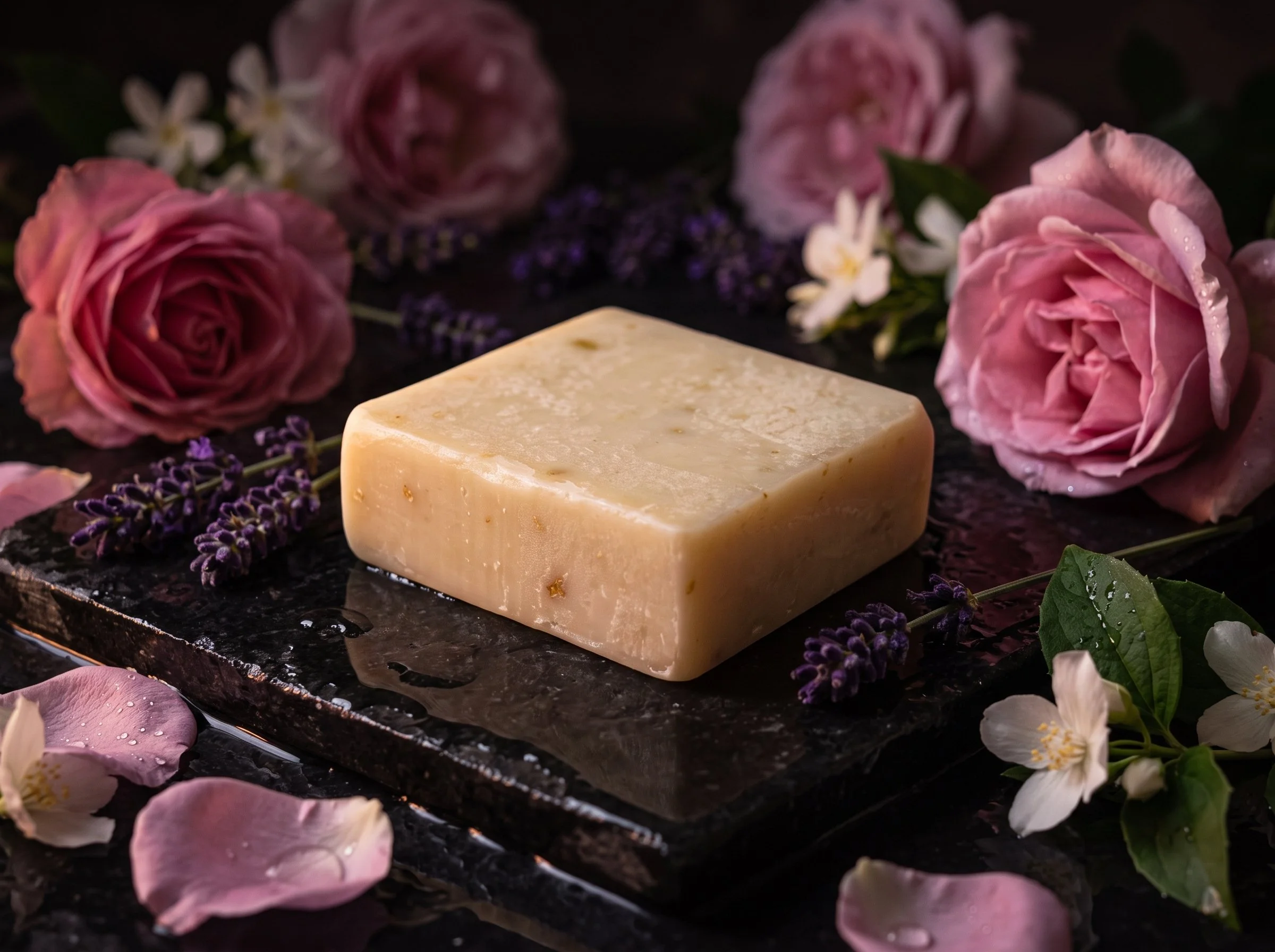 Wildflower Woman soap bar on a dark stone surface surrounded by pink roses and lavender.