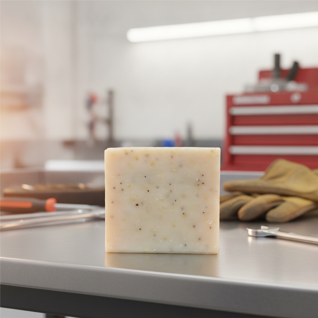 Mechanic’s Soap Bar on a workshop counter with tools, gloves, and a red toolbox in the background.