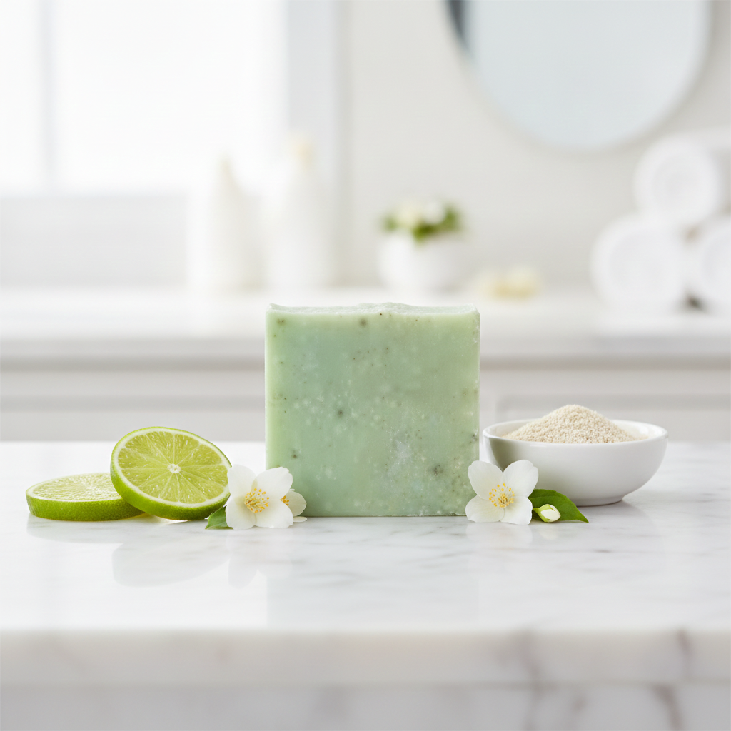 Jasmine Lime Scrub Soap Bar on a bathroom counter with lime slices, jasmine flowers, and a small bowl of ground oatmeal.