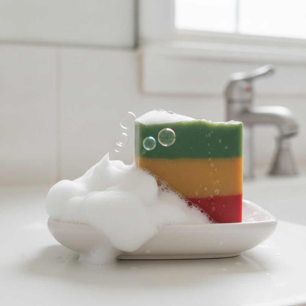 Rasta Roots Soap surrounded by thick white lather in a soap dish beside a bathroom sink