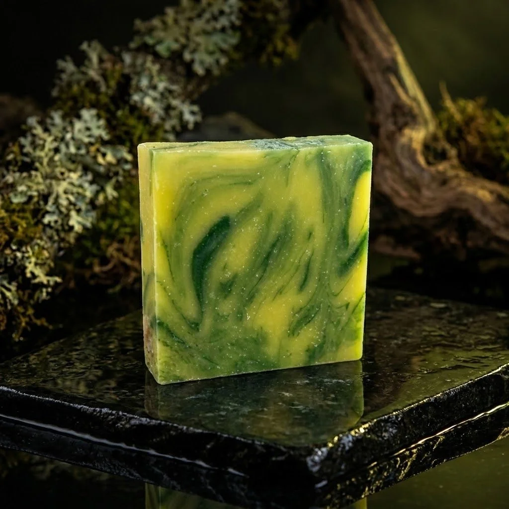 Green and yellow Free Spirit soap bar displayed on a dark stone surface against a woodland background.