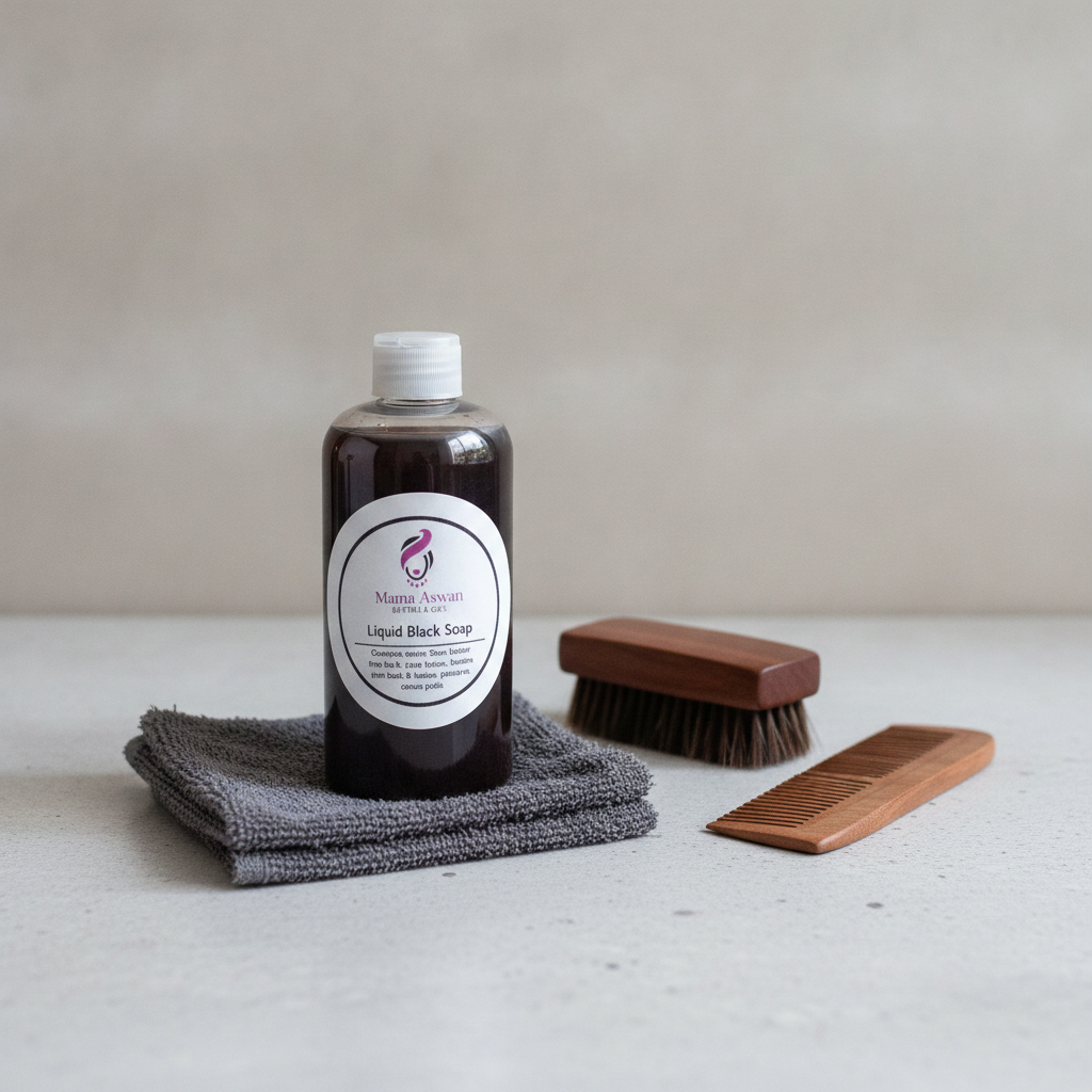 8 oz Liquid African Black Soap on a folded gray towel beside a wooden beard brush and comb.