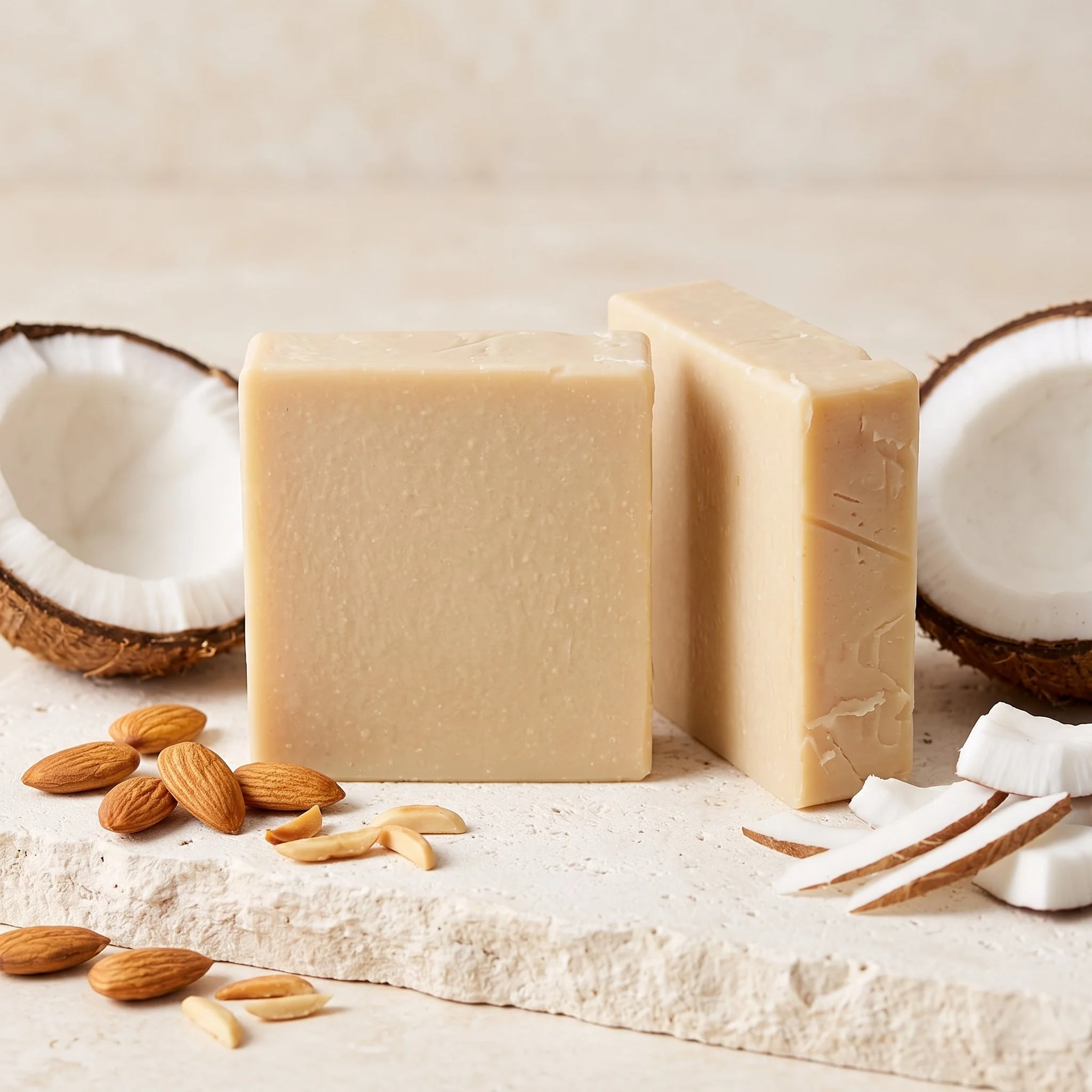 Almond Coconut Soap Bars displayed with coconut shells, coconut slices, and almonds on a light stone surface.