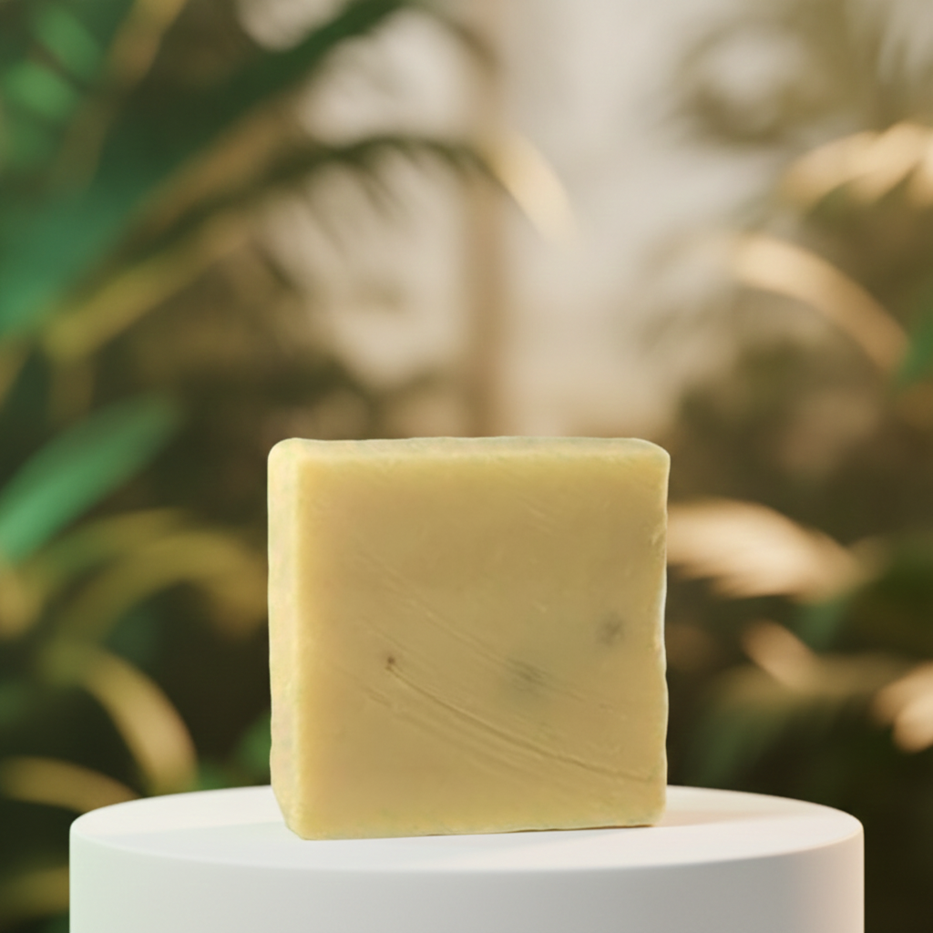 Lemongrass Soap Bar on a white pedestal with soft greenery in the background.