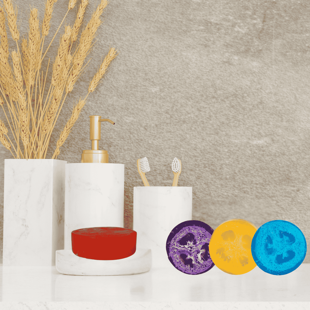 Colorful handmade loofah soaps displayed in a bathroom staged in a studio, highlighting texture and size