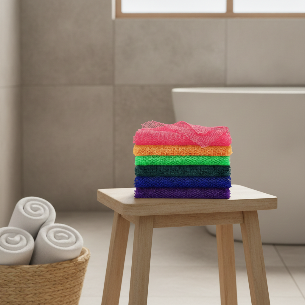 Stack of colorful African Sapo Sponges displayed on a wooden bath stool with rolled towels