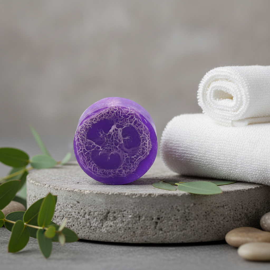 Purple Loofah Soap Bar on a stone pedestal beside towels, greenery, and spa stones.