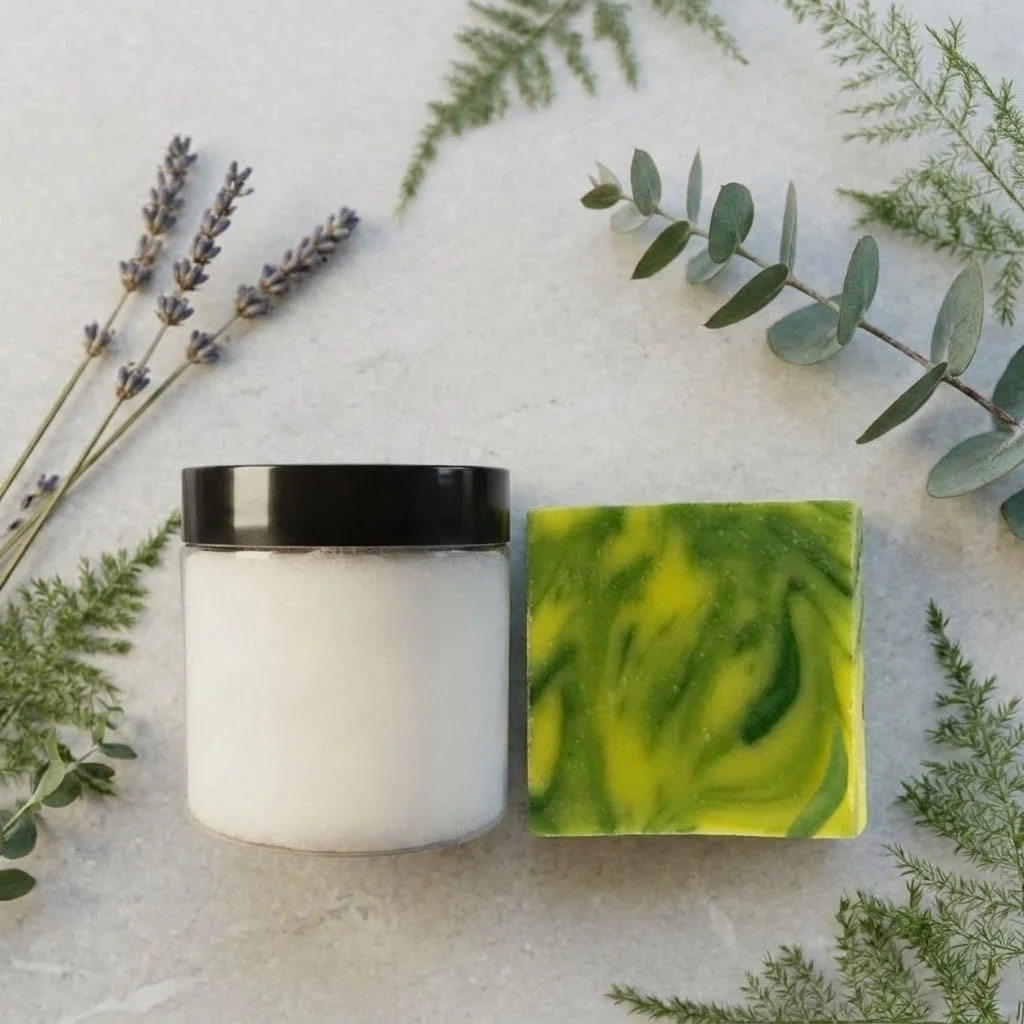 Free Spirit Soap and Smooth Body Cream Set shown from above with lavender sprigs, eucalyptus leaves, and green botanical accents.
